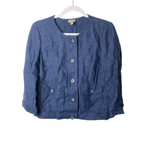 J. Jill Blue Scoop Neck Button Down 100% Linen Blazer Lightweight Jacket Small